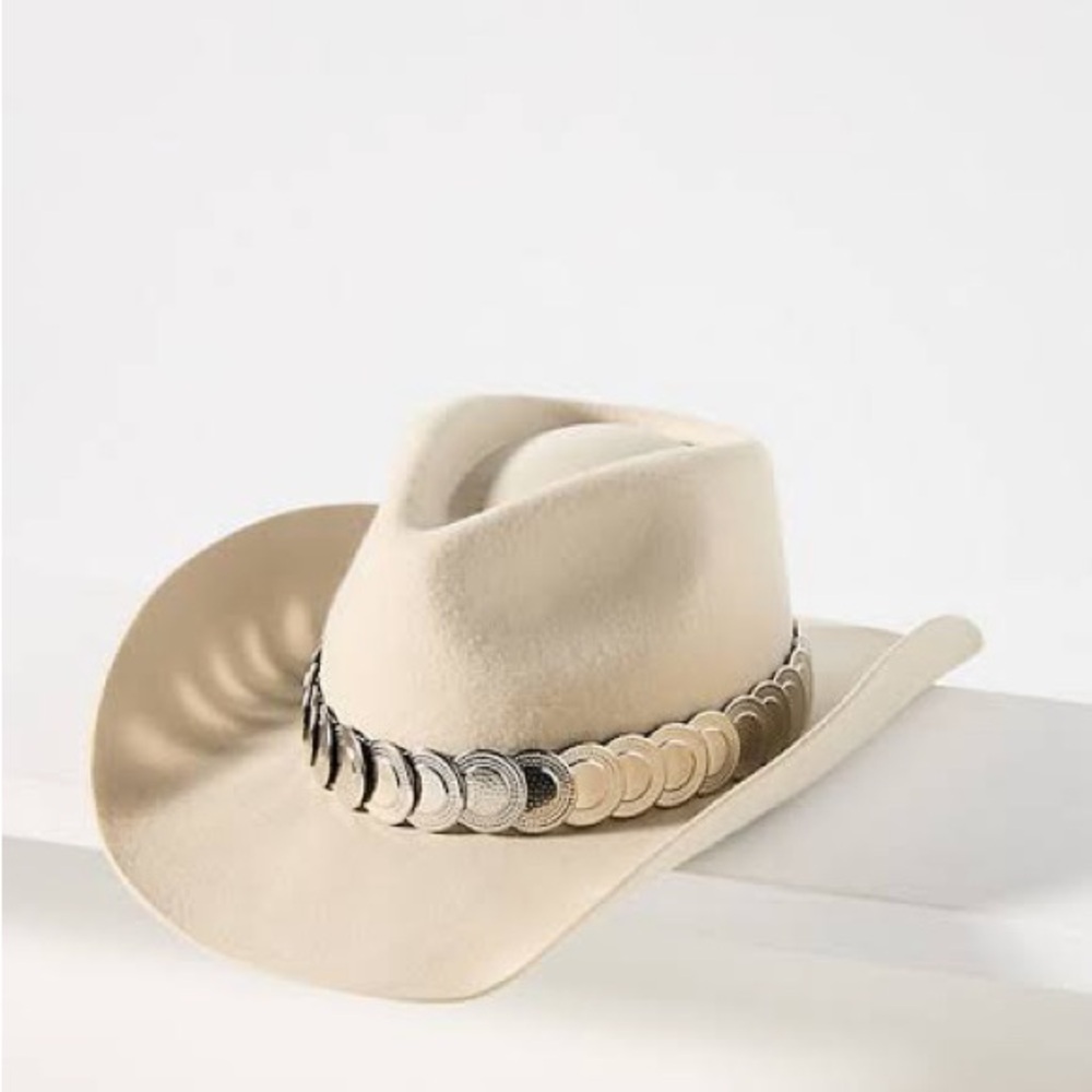Anthropologie Wool Bone/Cream Rancher Cowboy Hat with Metal Trim